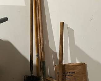 Assorted Garden Tools with Lowe's Yard Waste Bags and Sherwin Williams Ruler