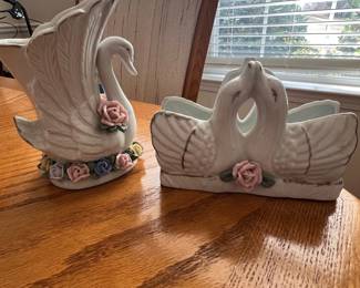 Vintage Ceramic Swan and Double Swan Figurines with Roses