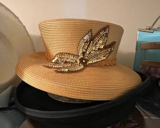 Vintage Straw Sun Hat with Sequined Leaf Embellishment