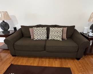 Dark Brown Upholstered Sofa with Accent Pillows by England Furniture