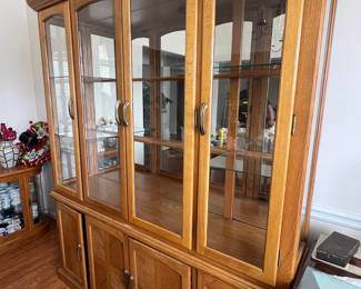 Oak China Cabinet with Glass Doors and Drawers