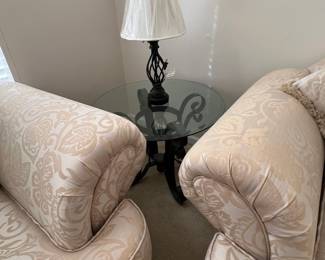 Ornate Scroll Arm Accent Chair with Damask Upholstery and Matching Side Table and Lamp