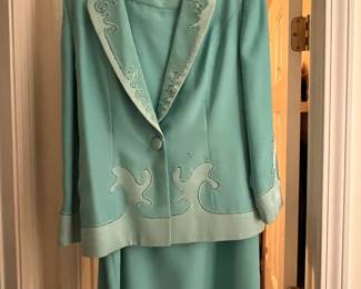 Vintage Teal Skirt Suit with Embroidery by Arione