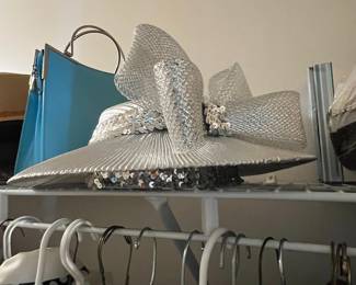 Silver Sequin and Mesh Wide-Brim Hat with Bow