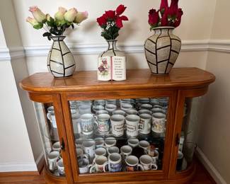 Wooden Display Cabinet with Assorted Mugs and Vases