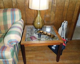 TILE TOP END TABLE WITH MID CENTURY LAMP
