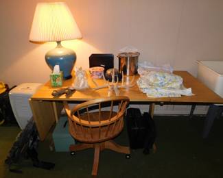 MAPLE DROP LEAF TABLE WITH VINTAGE LAMP AND SWIVEL DESK CHAIR