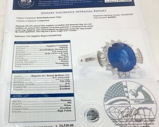 PLATINUM BLUE SAPPHIRE & DIAMOND RING, SIZE 7.25, G.I.A. CERTIFIED HEATED SAPPHIRE, 4.32ct SAPPHIRE, 0.57cts DIAMONDS, 6.7g TOTAL WEIGHT, GGA APPRAISAL $24,530.00