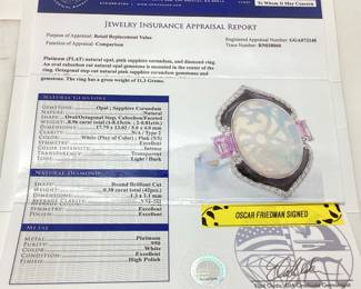 PLATINUM OPAL, PINK SAPPHIRE, & DIAMOND RING, SIZE 8.25, 8.15ct OPAL, 0.81cts PINK SAPPHIRES, 0.38cts DIAMONDS, 11.3g TOTAL WEIGHT, OSCAR FRIEDMAN SIGNED, GGA APPRAISAL $11,920.00