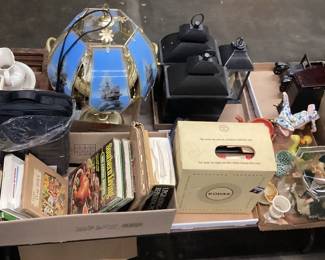 CHOICE TABLE ANTIQUES,LAMPS,POTTERY,SILVERPLATE Kodak slide projector, musical jewelry box,clocks,figurines, dvds