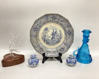 ANTIQUE IRONSTONE PLATE, GLASS TREE, BLUE AND WHITE SALT AND PEPPER SHAKERS AND BLUE GLASS GRIFFIN CANDLE STICK