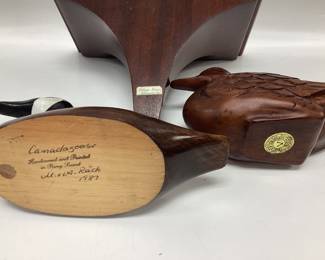 HANDCRAFTED CANADA GOOSE SIGNED, MAHOGANY CARVED DUCK, MAHOGANY WOOD CORBEL WITH BRASS ACORN ON THE BOTTOM