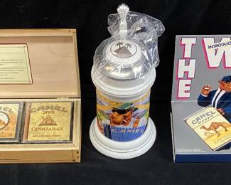 CAMEL JOE ADVERTISING EXOTIC BLENDS w DISPLAY CASE, SMOKIN JOE BEER STEIN & CAMEL WIDE PACK DISPLAY