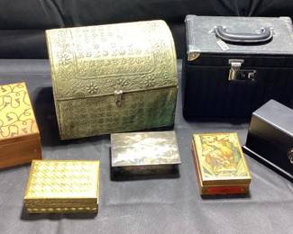 COLLECTION OF VINTAGE DECORATIVE BOX, REED & BARTON SILVER PLATE, ALEXANDRA DEMARKOFF, ERNO LASZLO, CONTAINS VINTAGE SOAP AND STAMPS