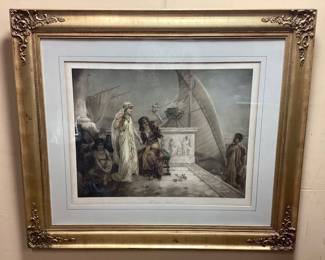LRG. FRAMED HEVA COOMANS PRINT Titled, The Victor’s Return. Framed in beautiful gilded frame. Has light mold spots 45x38. No shipping. Pickup only
