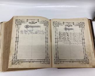 ANTIQUE 1892 HOLY BIBLE, SILVER PLATE PICTURE FRAME, AND 1880 MAN’S STRENGTH AND WOMAN’S BEAUTY HARD BACK BOOK