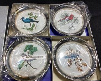SHERIDAN SILVER PLATE SET OF 4 COASTERS SONG BIRDS IN ORIGINAL BOX STILL IN PLASTIC