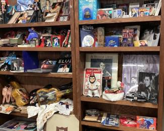 CHOICE CABINET EVERYTHING ELVIS RECORDS 45â€™s AND 33â€™s, POSTERS, FIGURINES, HOUNDDOG, BEANIE BABIES, AND SO MUCH MORE