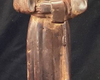 VTG. 26in SOLID WOOD SAINT FRANCIS OF ASSISI SCULPTURE, PATRON SAINT OF ANIMALS IN MONASTIC ROBE WITH BIRDON ARM