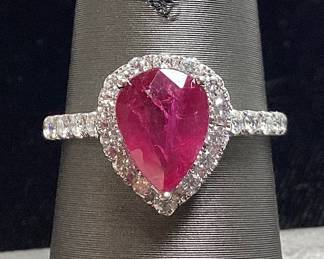 18KT WHITE GOLD RUBY & DIAMOND RING, SIZE 6.75, 1.87ct RUBY, 0.54cts DIAMONDS, 3.5g TOTAL WEIGHT, AIGL APPRAISAL $15,258.00