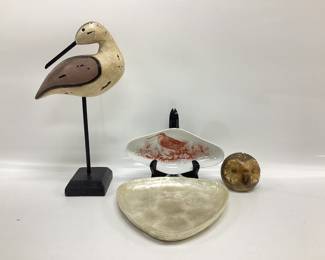 4pc TRINKET LOT, ALABASTER OWL, SAND PIPER, RESIN MOTHER OF PEARL DISH AND WOODCOCK PORCELAIN DISH BY ALEGRE MADE FOR MOTTAHEDEH IN PORTUGAL