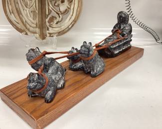 VTG. INUIT DOG SLED TEAM, RETRO TELEPHONE WALL CLOCK AND WHITEWASHED CARVED WOOD WALL SHELF