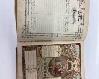 ANTIQUE 1892 HOLY BIBLE, SILVER PLATE PICTURE FRAME, AND 1880 MAN’S STRENGTH AND WOMAN’S BEAUTY HARD BACK BOOK