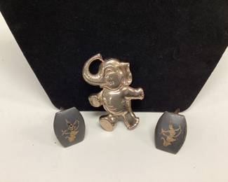 STERLING SILVER SIAM CUFF LINKS, HAPPY ELEPHANT BROOCH, AND 4 SINGLE EARRINGS 27.16 GRAMS