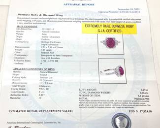 PLATINUM RUBY & DIAMOND RING, SIZE 7, RARE HEATED G.I.A. CERTIFIED BURMESE RUBY, 3.49ct RUBY, 0.66cts DIAMONDS, 6.6g TOTAL WEIGHT, AIGL APPRAISAL $17,824.00