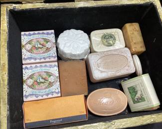 COLLECTION OF VINTAGE DECORATIVE BOX, REED & BARTON SILVER PLATE, ALEXANDRA DEMARKOFF, ERNO LASZLO, CONTAINS VINTAGE SOAP AND STAMPS