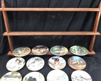 (16) W.L. GEORGE & EDWIN KNOWLES COLLECTIBLE CERAMIC AMERICAN WILDLIFE SCENES DECORATIVE PLATES WITH 2 PLATE WALL HANG DISPLAY RACK, ALL PLATES ARE HANDPAINTED AND SIGNED # by ARTIST