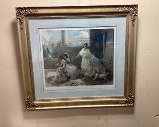 VTG. LARGE FRAMED HEVA COOMANS PRINT Titled Contentment. Framed in beautiful gilded frame. 44x40. No shipping. Pickup only