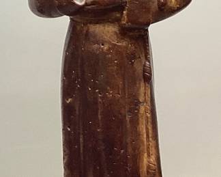 VTG. 26in SOLID WOOD SAINT FRANCIS OF ASSISI SCULPTURE, PATRON SAINT OF ANIMALS IN MONASTIC ROBE WITH BIRDON ARM