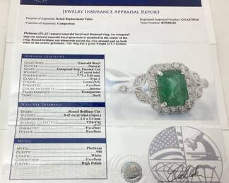 PLATINUM EMERALD & DIAMOND RING, SIZE 7.25, 1.42ct EMERALD, 0.42cts DIAMONDS, 5.1g TOTAL WEIGHT, GGA APPRAISAL $12,640.00
