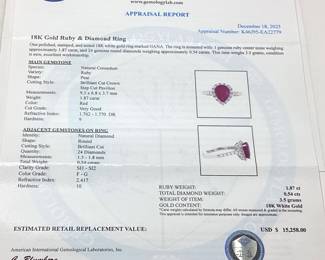 18KT WHITE GOLD RUBY & DIAMOND RING, SIZE 6.75, 1.87ct RUBY, 0.54cts DIAMONDS, 3.5g TOTAL WEIGHT, AIGL APPRAISAL $15,258.00