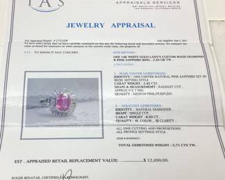 14KT WHITE GOLD PINK SAPPHIRE & DIAMOND RING, SIZE 7.5, 2.42cts SAPPHIRE, 0.33cts DIAMONDS, 2.2g TOTAL WEIGHT, IAS APPRAISAL $12,490.00
