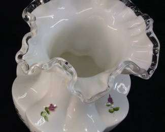 VTG. FENTON VIOLETS IN THE SNOW PATTERN RUFFLED EDGE VASE, 10in