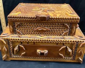  VTG. HANDCRAFTED TRAMP ART FOLK ART WOODEN BOX FLIP TOP & DRAWER