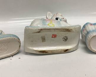 VTG. RUBENS ORIGINALS ROCKING HORSE PLANTER, 2 RELPO 1846 BABY BOOTIE PLANTERS