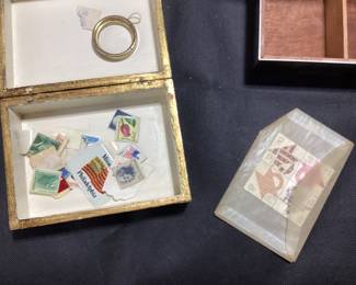 COLLECTION OF VINTAGE DECORATIVE BOX, REED & BARTON SILVER PLATE, ALEXANDRA DEMARKOFF, ERNO LASZLO, CONTAINS VINTAGE SOAP AND STAMPS