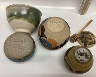 4 PIECE POTTERY HONEY JAR, BOWL, VASE AND OIL LAMP VARIOUS SIGNATURES