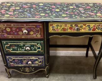 VINTAGE HAND PAINTED FLORAL MOTIF 4 DRAWER DESK NO SHIPPING PICKUP ONLY