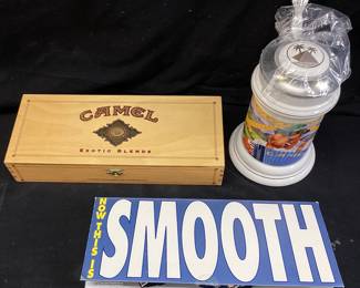 CAMEL JOE ADVERTISING EXOTIC BLENDS w DISPLAY CASE, SMOKIN JOE BEER STEIN & CAMEL WIDE PACK DISPLAY