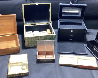 COLLECTION OF VINTAGE DECORATIVE BOX, REED & BARTON SILVER PLATE, ALEXANDRA DEMARKOFF, ERNO LASZLO, CONTAINS VINTAGE SOAP AND STAMPS