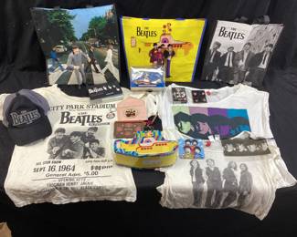 ASSORTED BEATLES MEMORABILIA, SHIRTS, BAGS, L LUNCHBOX, FLIP BOOK