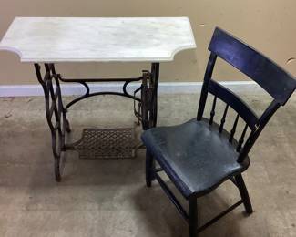 MARBLE TOP ANTIQUE SEWING MACHINE TABLE WITH CHAIR CAST IRON AND WHITE MARBLE TOP, PAINTED BLACK CHAIR