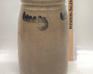 19TH CENTURY SALT GLAZED STONEWARE CROCK HAND BRUSHED COBALT BLUE SLIP