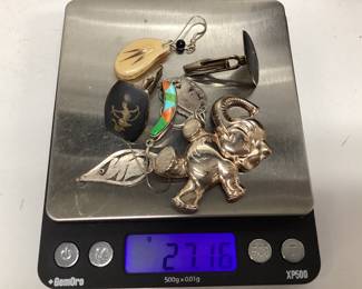 STERLING SILVER EARRINGS CHIP TURQUOISE SET AND AMETHYST, BRASS, COPPER, ALUMINUM WITH STERLING SILVER HOOKS, COWBOY BOOT PENDENT, SHARK TOOTH PENDENT, SERVICE PINS AND A SINGLE EARRINGS