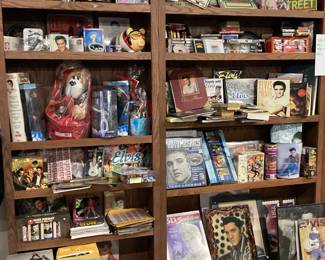 CHOICE CABINET EVERYTHING ELVIS RECORDS 45â€™s AND 33â€™s, POSTERS, FIGURINES, HOUNDDOG, BEANIE BABIES, AND SO MUCH MORE