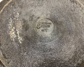 (4) CAST IRON SKILLETS, VTG. BENJAMIN & MEDWIN 11in, LeCREUSET, TAIWAN